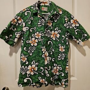 Vintage Hilo Hattie Men's Medium Green Beige Hawaiian Floral Beach Shirt USA 90s